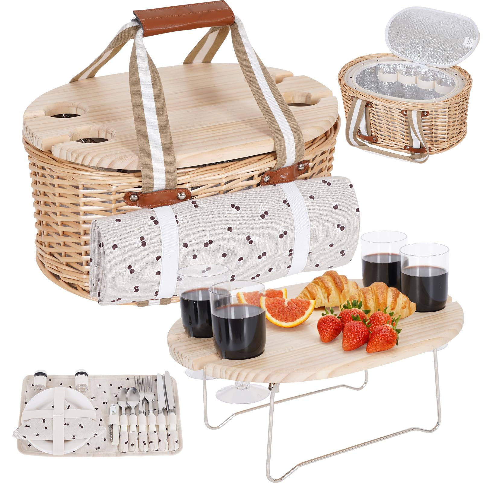 Cherry Wicker Insulated Picnic Basket Set for 4 Outdoor Camping | Waterproof Blanket & Folding Wine Table | Picnic Baske